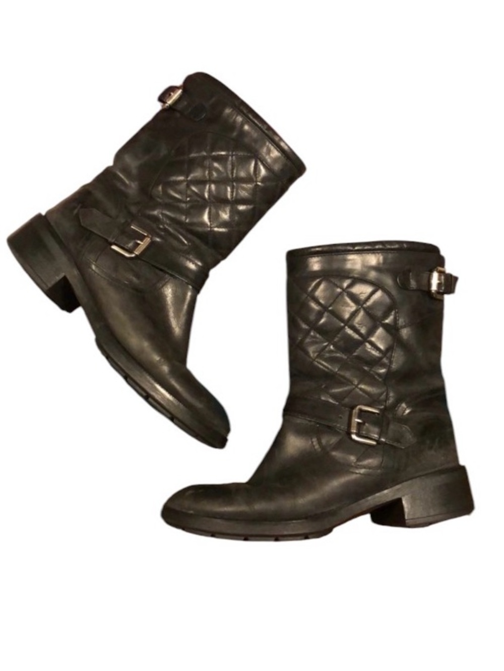 Aquatalia Womens Black Quilted Leather Mid-Calf Buckle Combat Moto Biker Boots 7